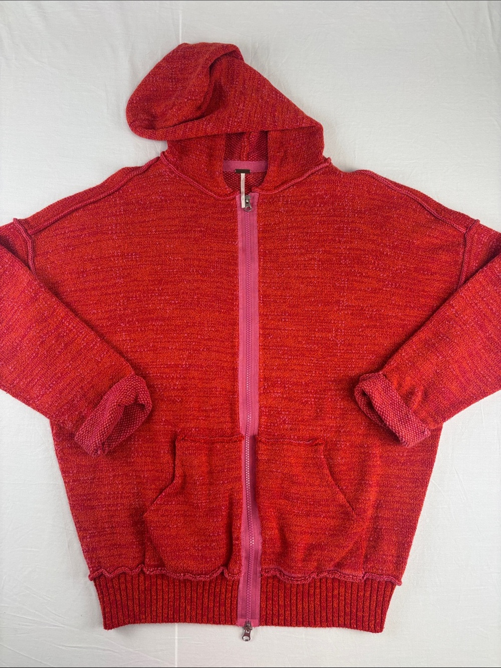 Free People In Bloom Knit Full Zip Jacket in Red Dolman size Small oversized